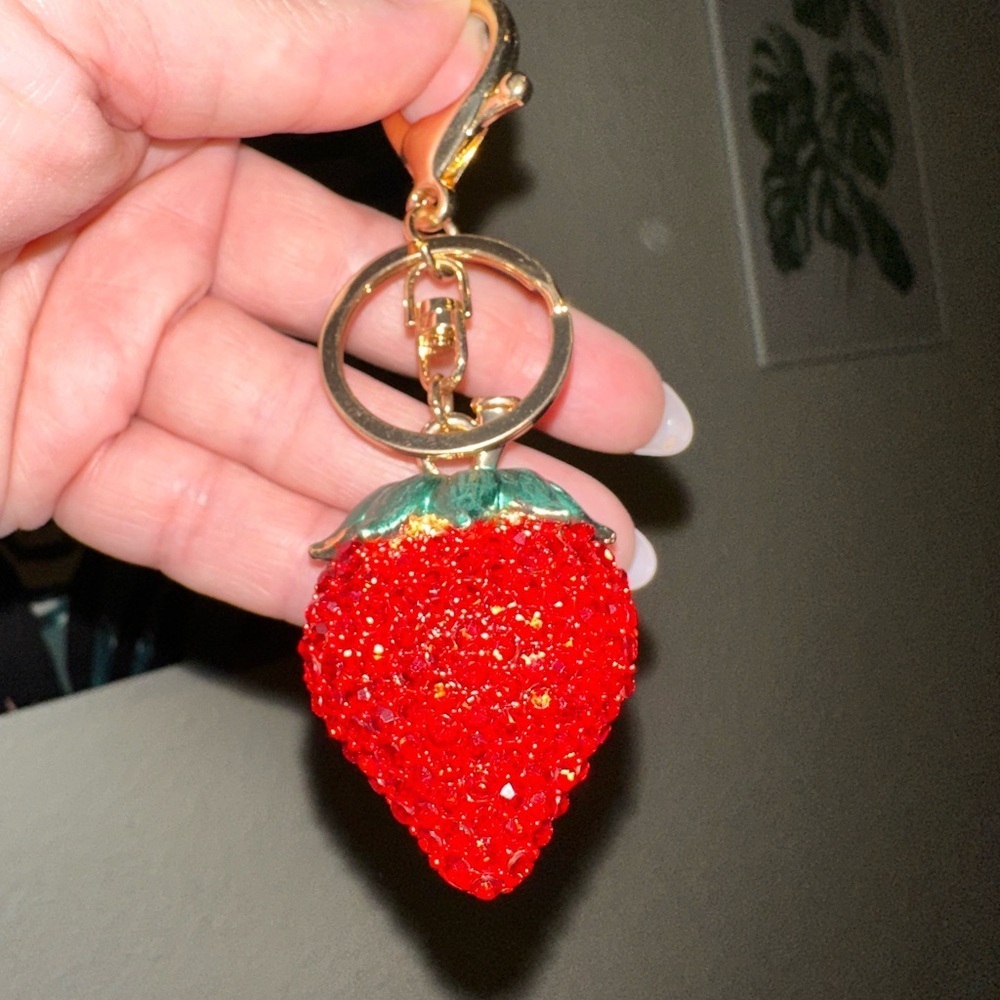 Purse strap accessories strawberry bedazzled bag charm keychain with gold clip
